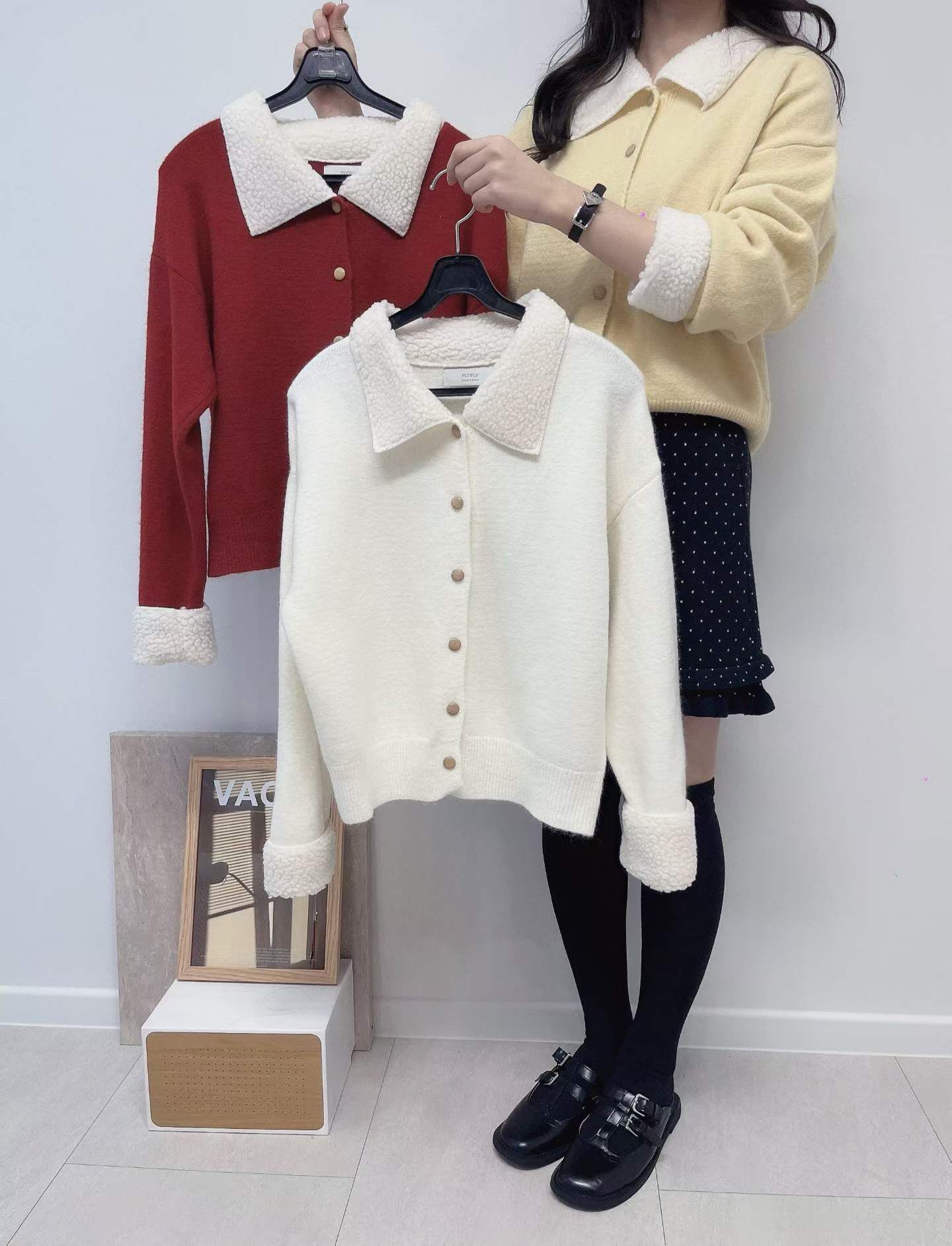 LU5421 拼接羊羔毛翻領排扣上衣 *特價* (優惠碼同充值購物金不適用)