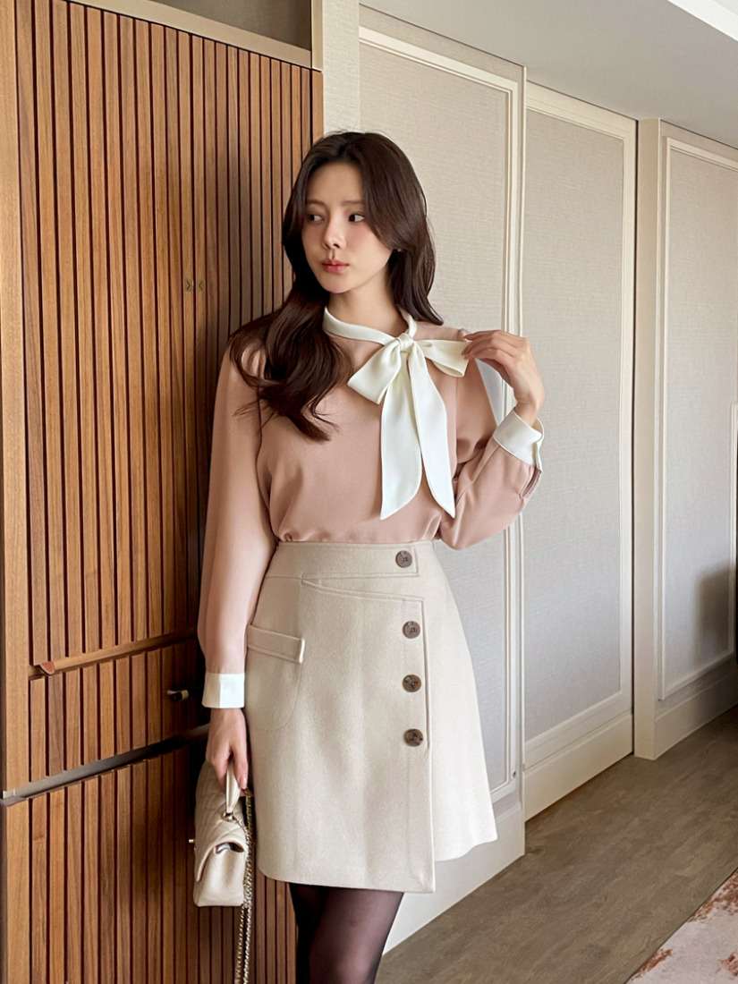 Sherry 斜釦前片羊毛短裙 [ 3色 / S,M,L ]