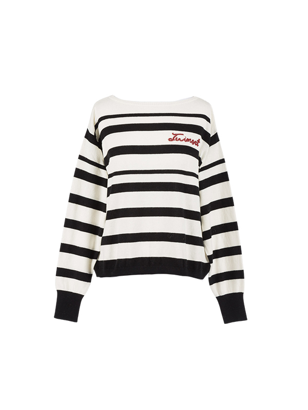 TWIN-SET 橫條針織一字領上衣(黑白)