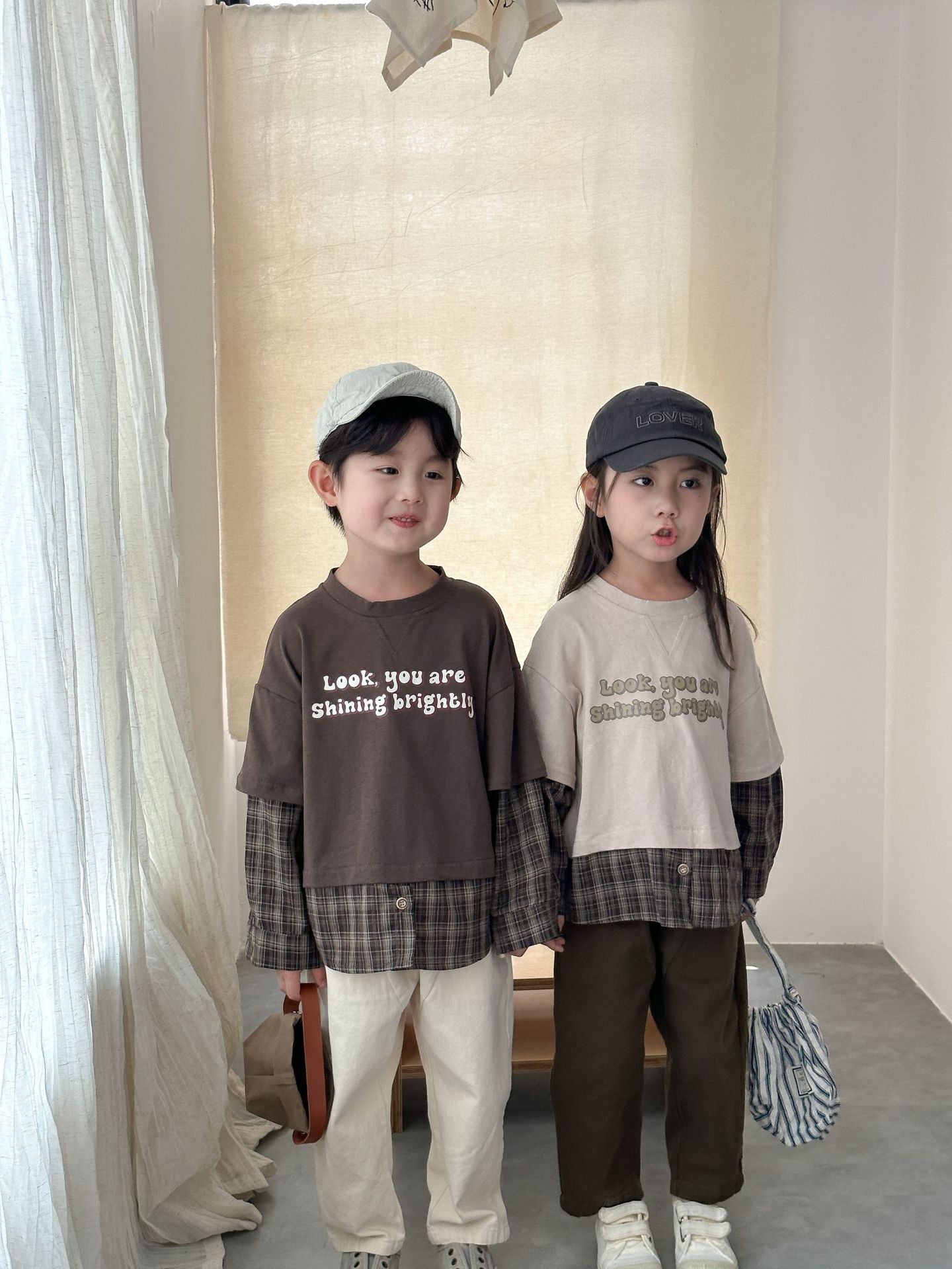 【H0218】純棉簡約格子假兩件(80-150)