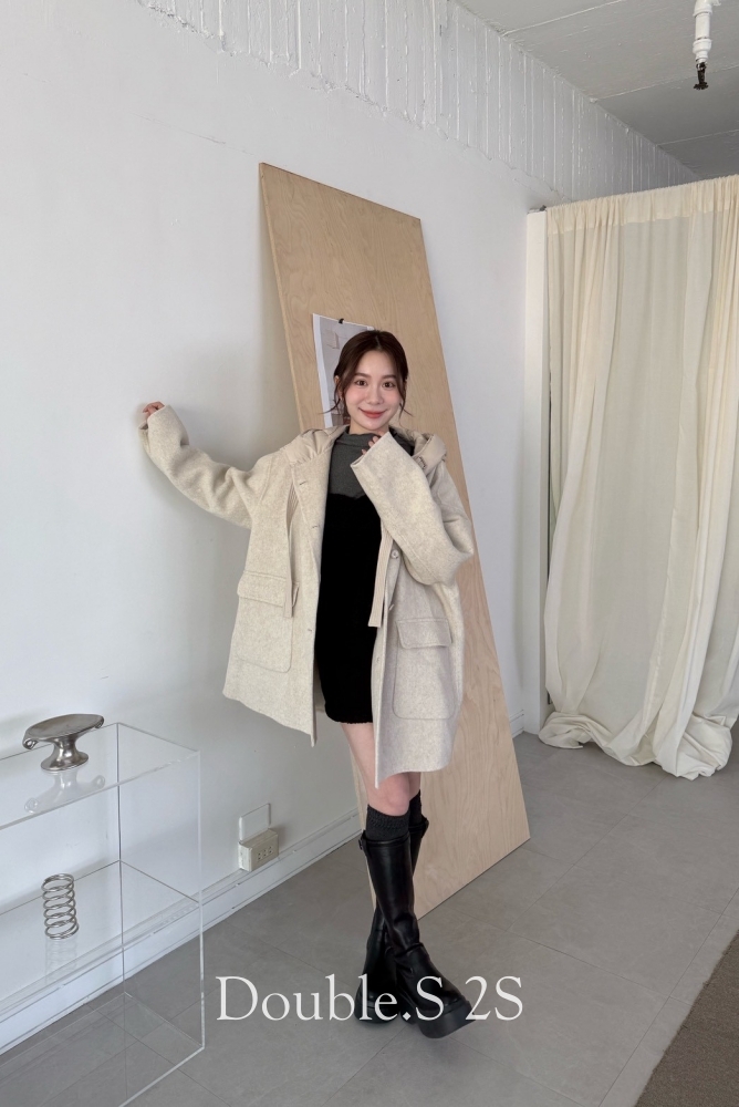 手工羊毛連帽中長大衣外套*2色