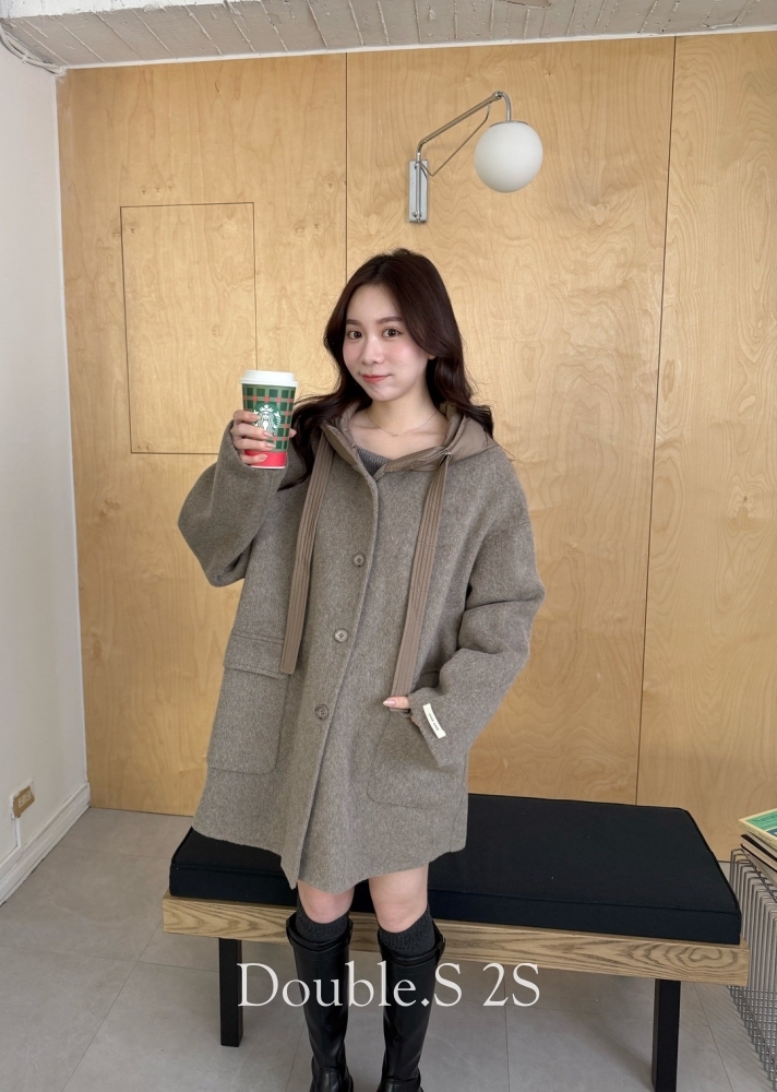 手工羊毛連帽中長大衣外套*2色