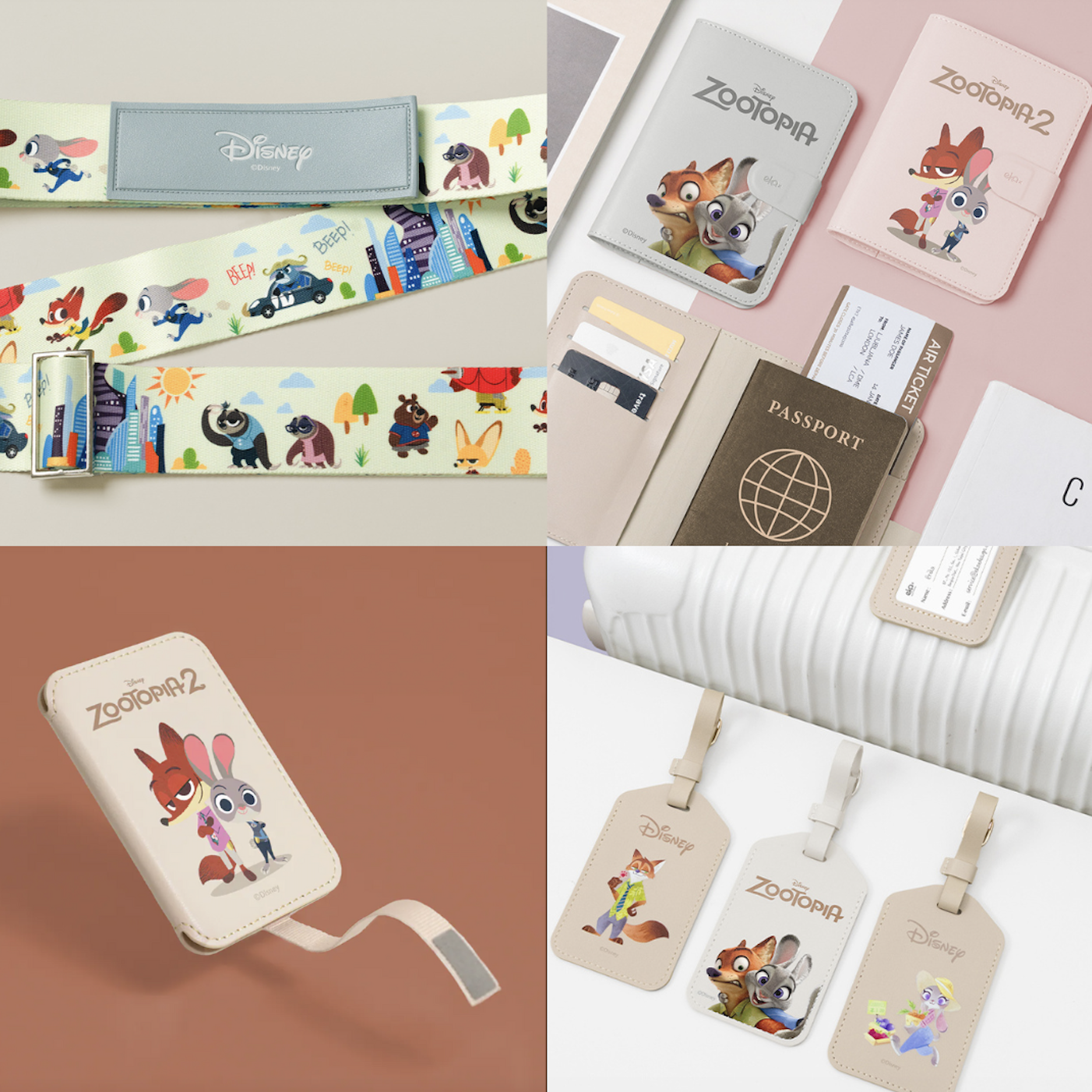 旅遊配件四件組 - 動物方城市【正版授權】(行李束帶+行李吊牌+護照套+皮革卡套)