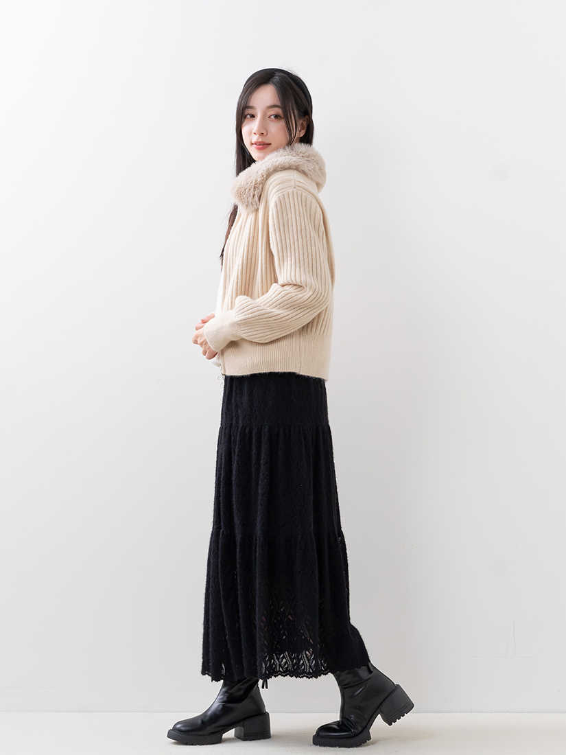 絨毛針織上衣羅紋毛毛領外套蕾絲絨毛長裙組合