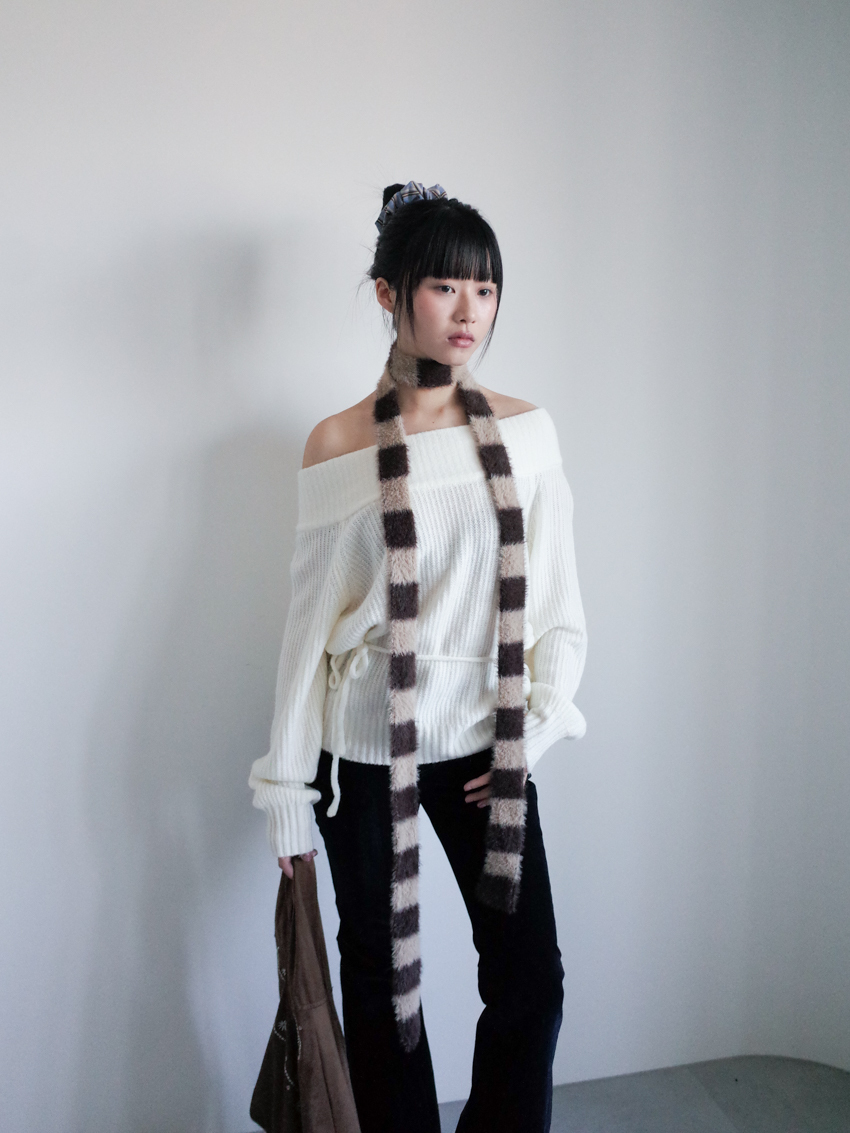 rib stripe off-shoulder knit top with waist tie