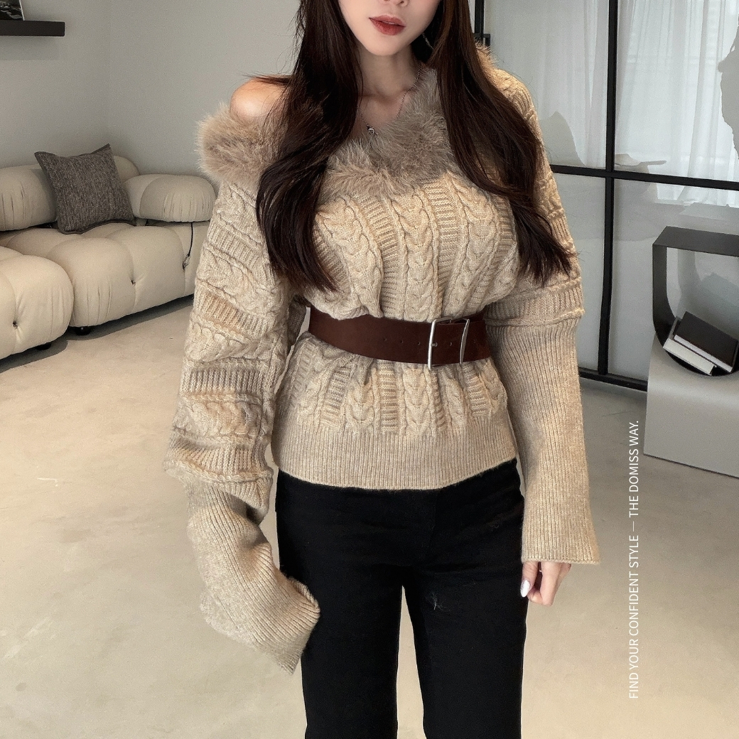 【雪地氛圍】DOMISS毛毛領麻花針織毛衣-2色 針織毛衣 V領毛衣(現貨)