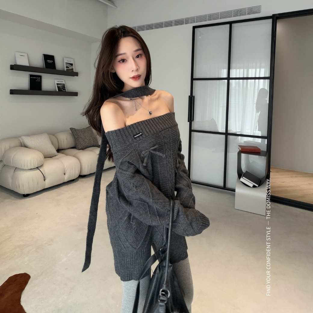 【辣甜蝴蝶結】DOMISS 綁帶露肩麻花毛衣-2色(現+預)