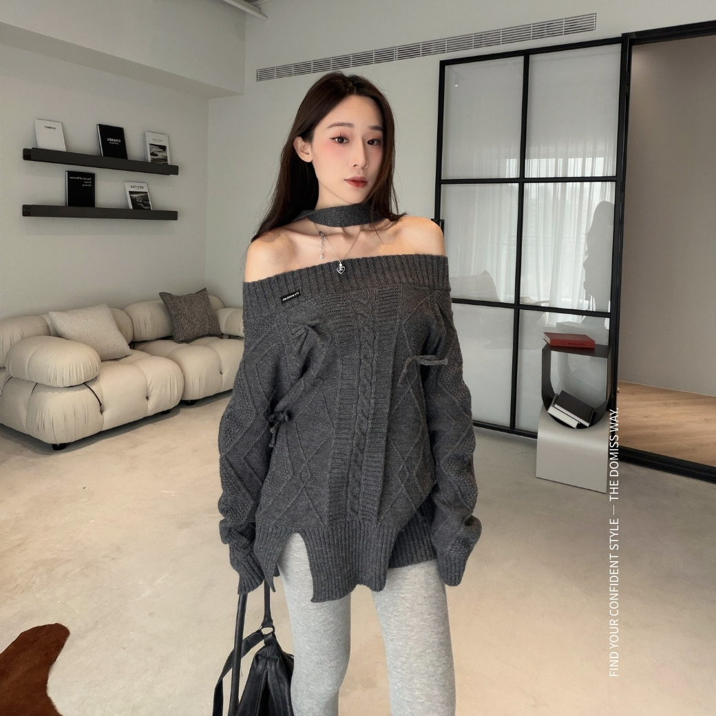 【辣甜蝴蝶結】DOMISS 綁帶露肩麻花毛衣-2色 (現貨)