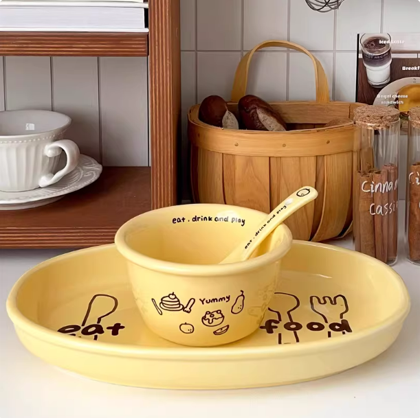 《6529》eat food奶油黃塗鴉陶瓷碗盤