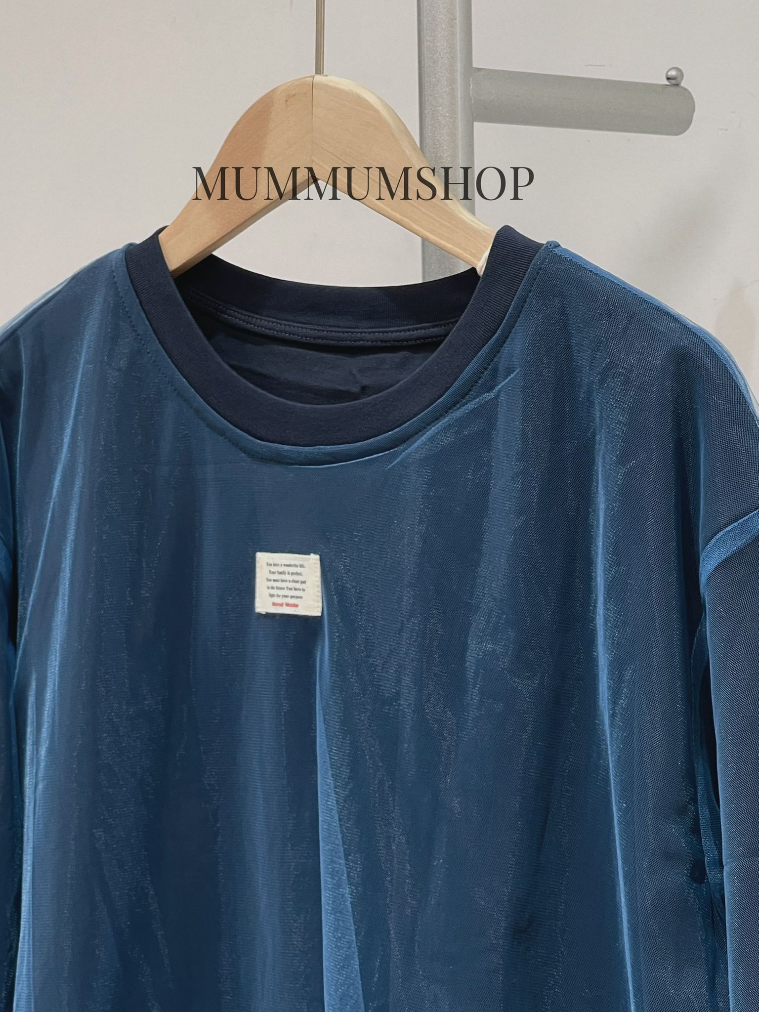 0213097/ 藍色透視拼接短袖/48/46/27