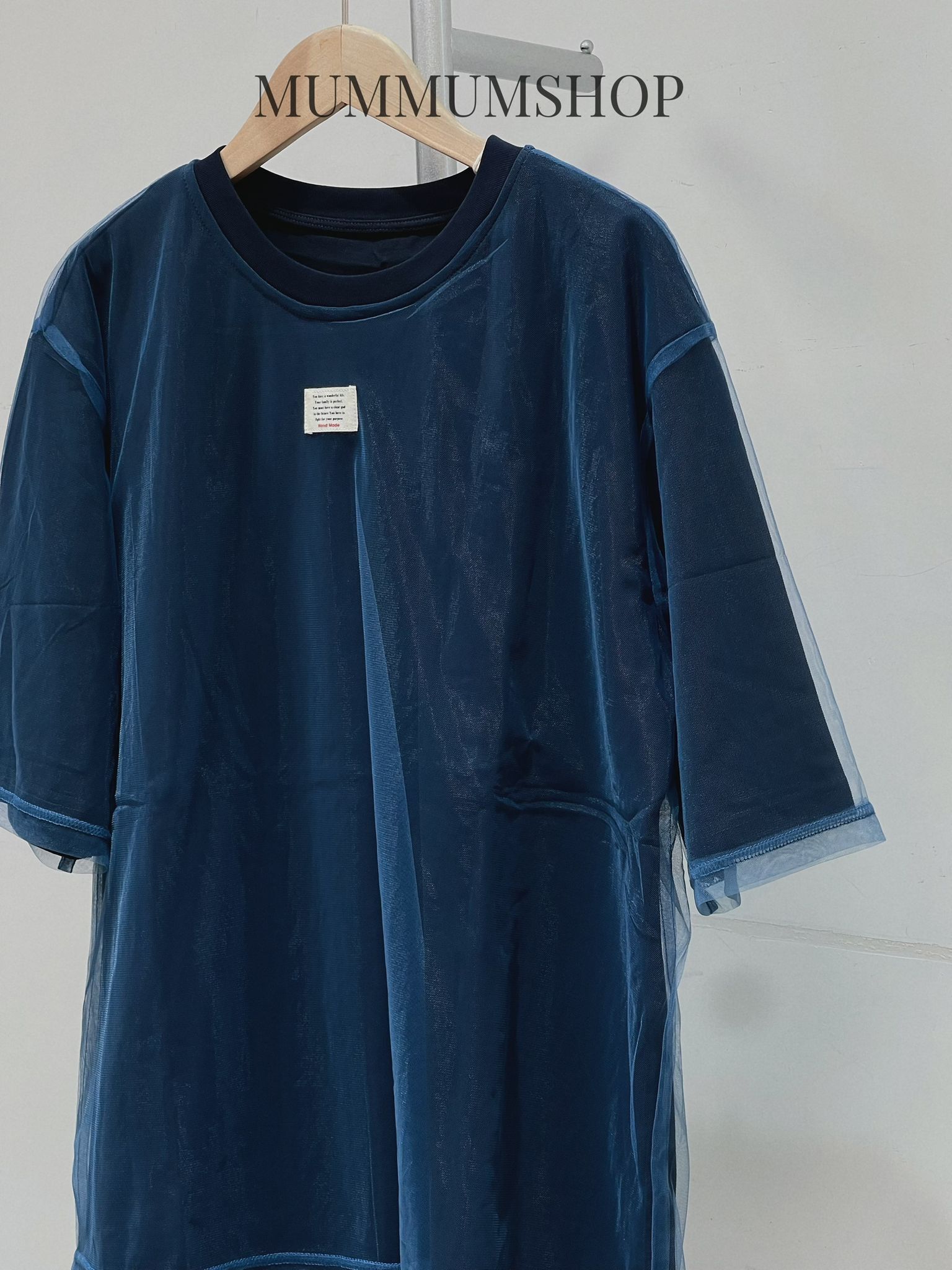 0213097/ 藍色透視拼接短袖/48/46/27