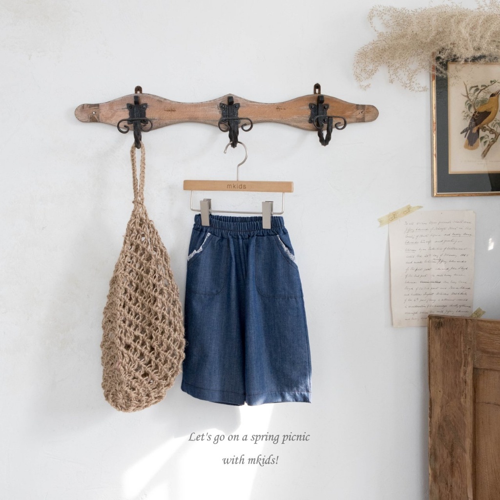 正韓春Mkids 蕾絲口袋鬆緊牛仔長褲