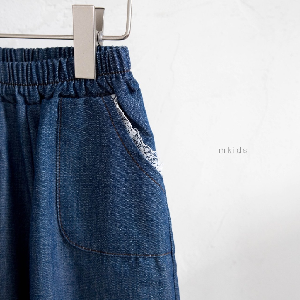 正韓春Mkids 蕾絲口袋鬆緊牛仔長褲