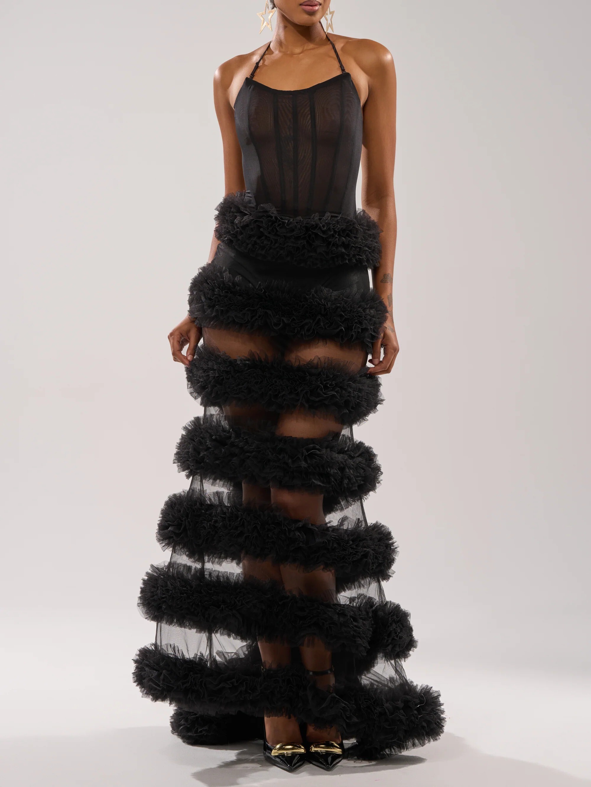 Black Star黑色透紗馬甲層次澎澎網紗Dress