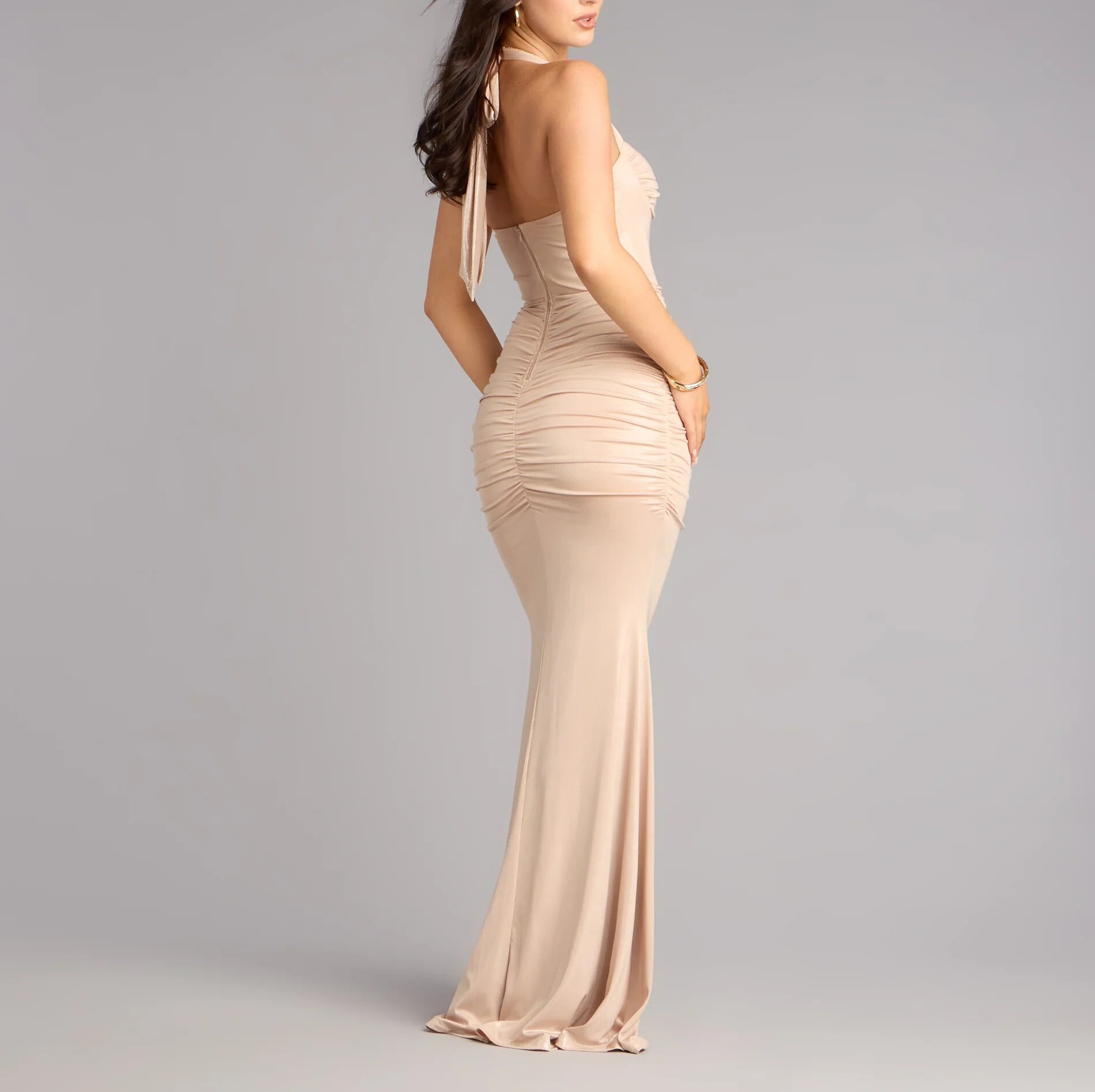 Gold Mermaid金色桃心領繞脖綁帶絲光人魚Dress