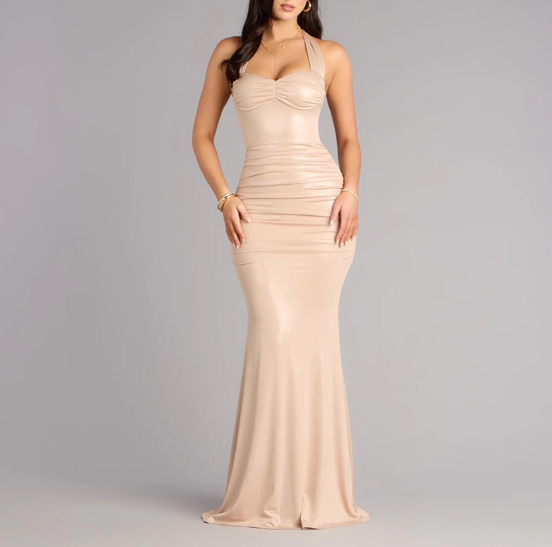 Gold Mermaid金色桃心領繞脖綁帶絲光人魚Dress