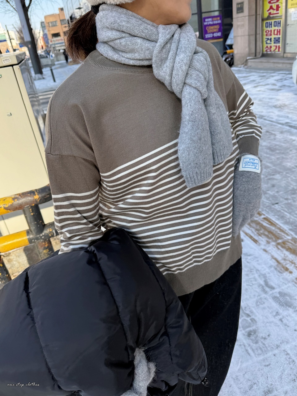 正韓簡約橫條針織上衣 (可可)