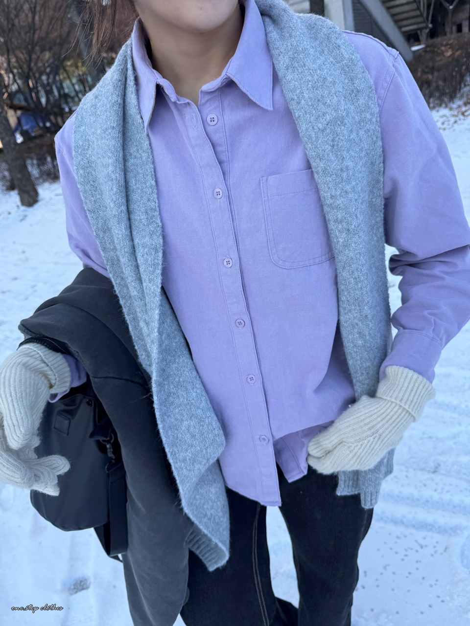 正韓質感車線拼接口袋襯衫 (紫)
