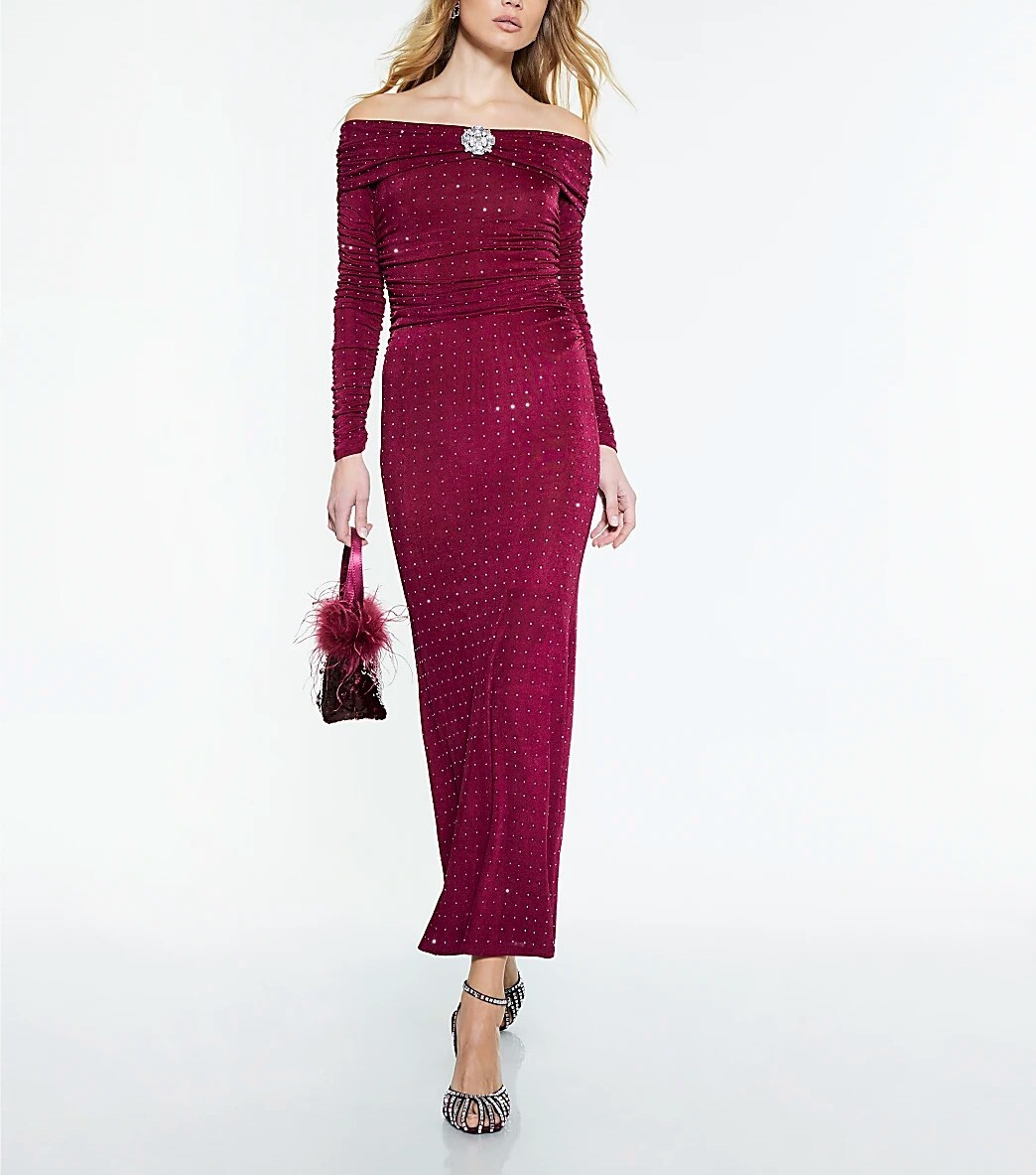 Berry Red莓果紅色翻領燙鑽寶石飾Dress