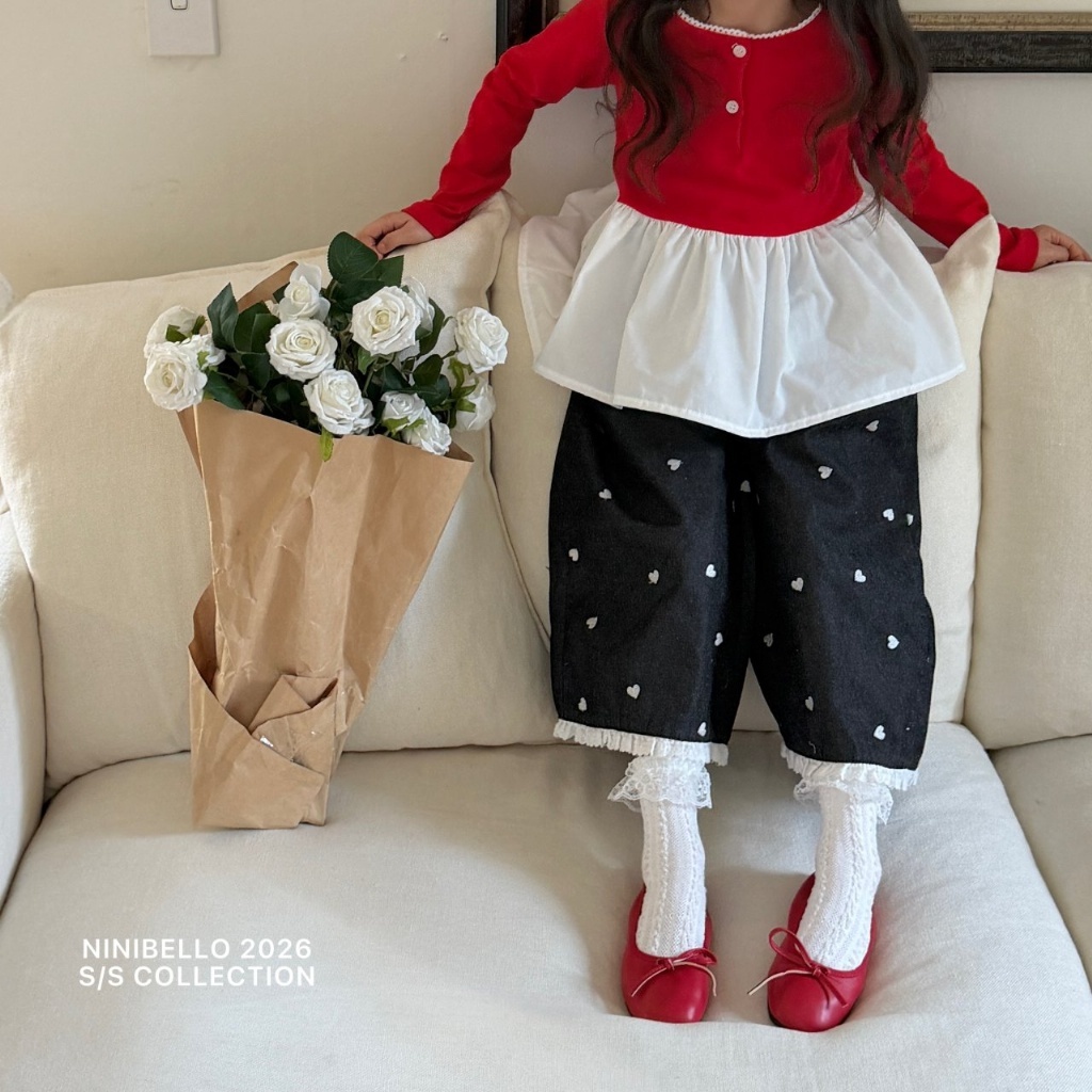 正韓春Ninibello 灑滿愛心奶油邊寬褲