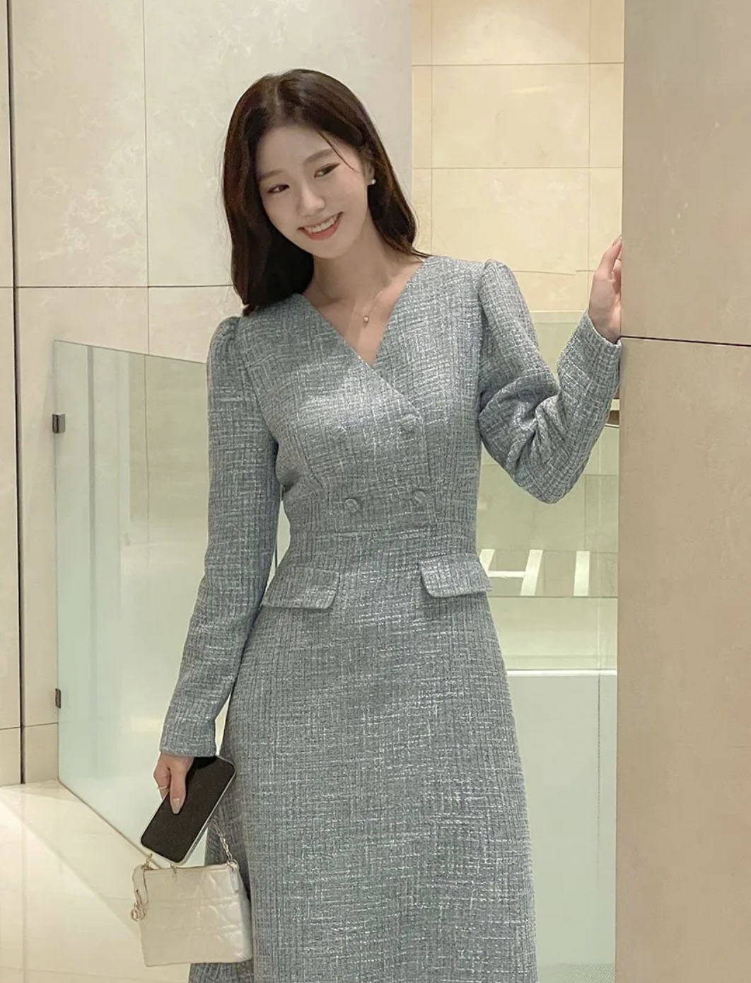 Pauline V領羊毛A字洋裝 [ 2色 / Free ]