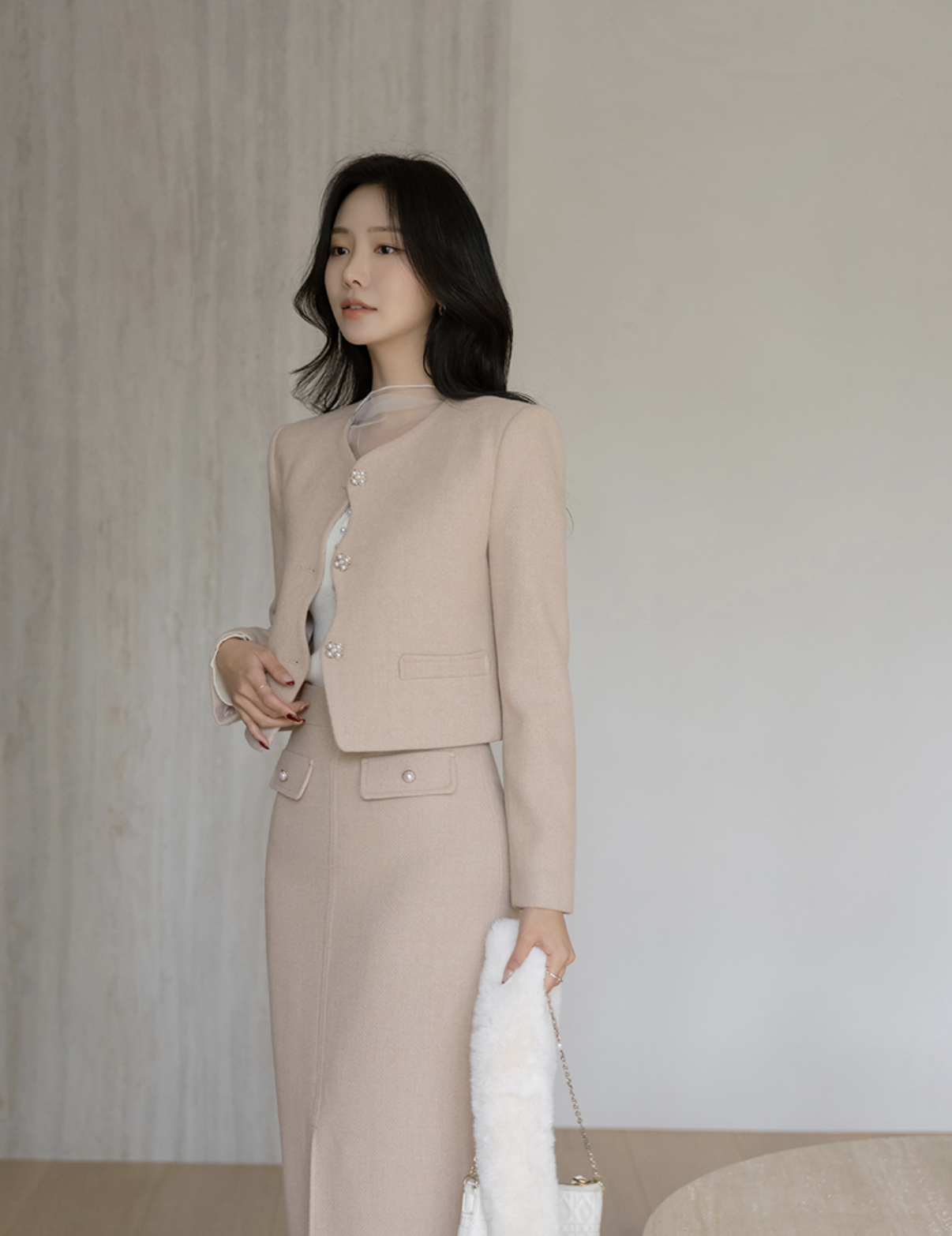 Quintia 圓領波浪珠釦套裝外套 [ 3色 / S,M ]