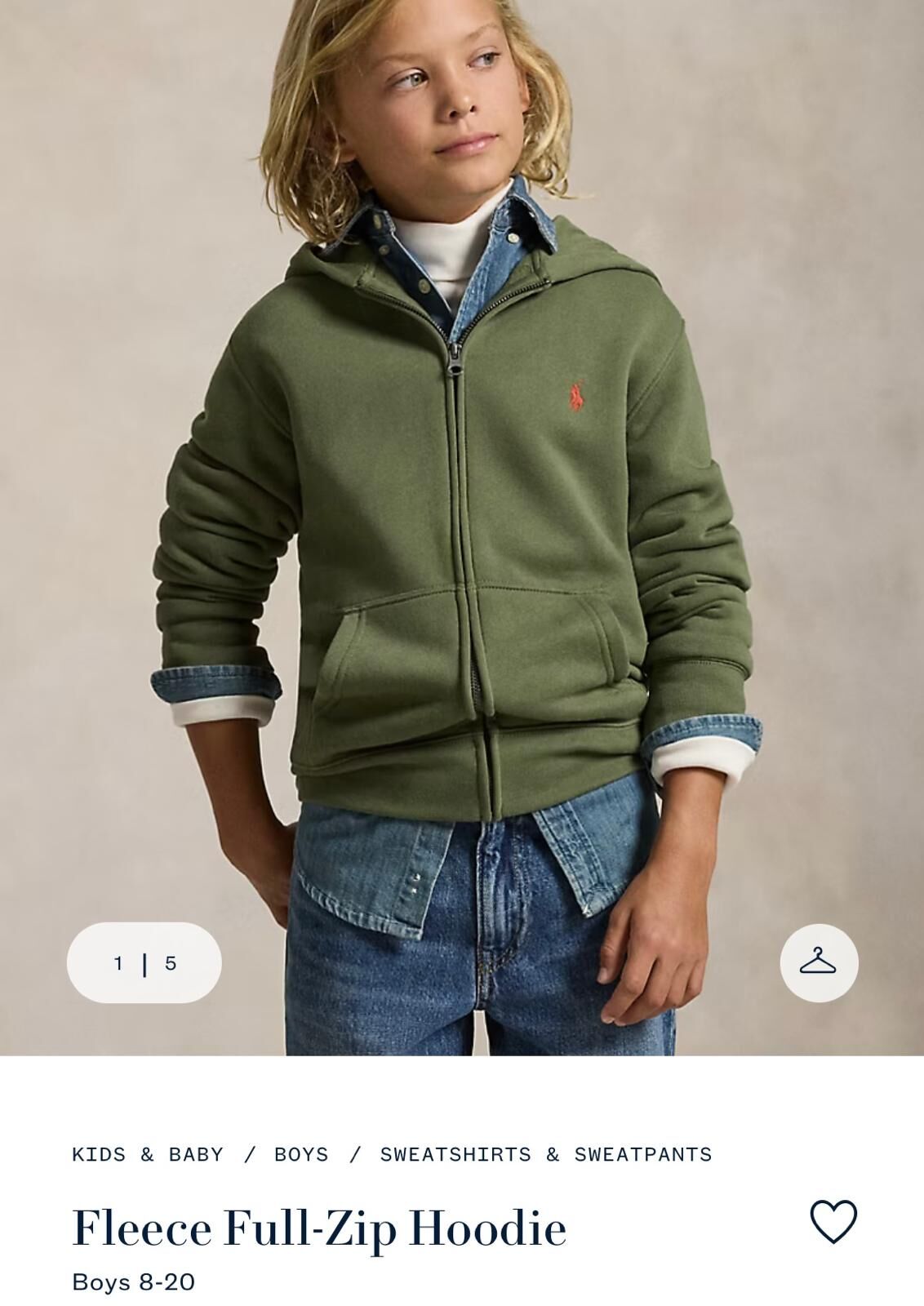 (現貨) 100%官方直送正貨 Polo Ralph Lauren Fleece Full zip Hoodie (Mint Olive) Boy 8-20 Size L