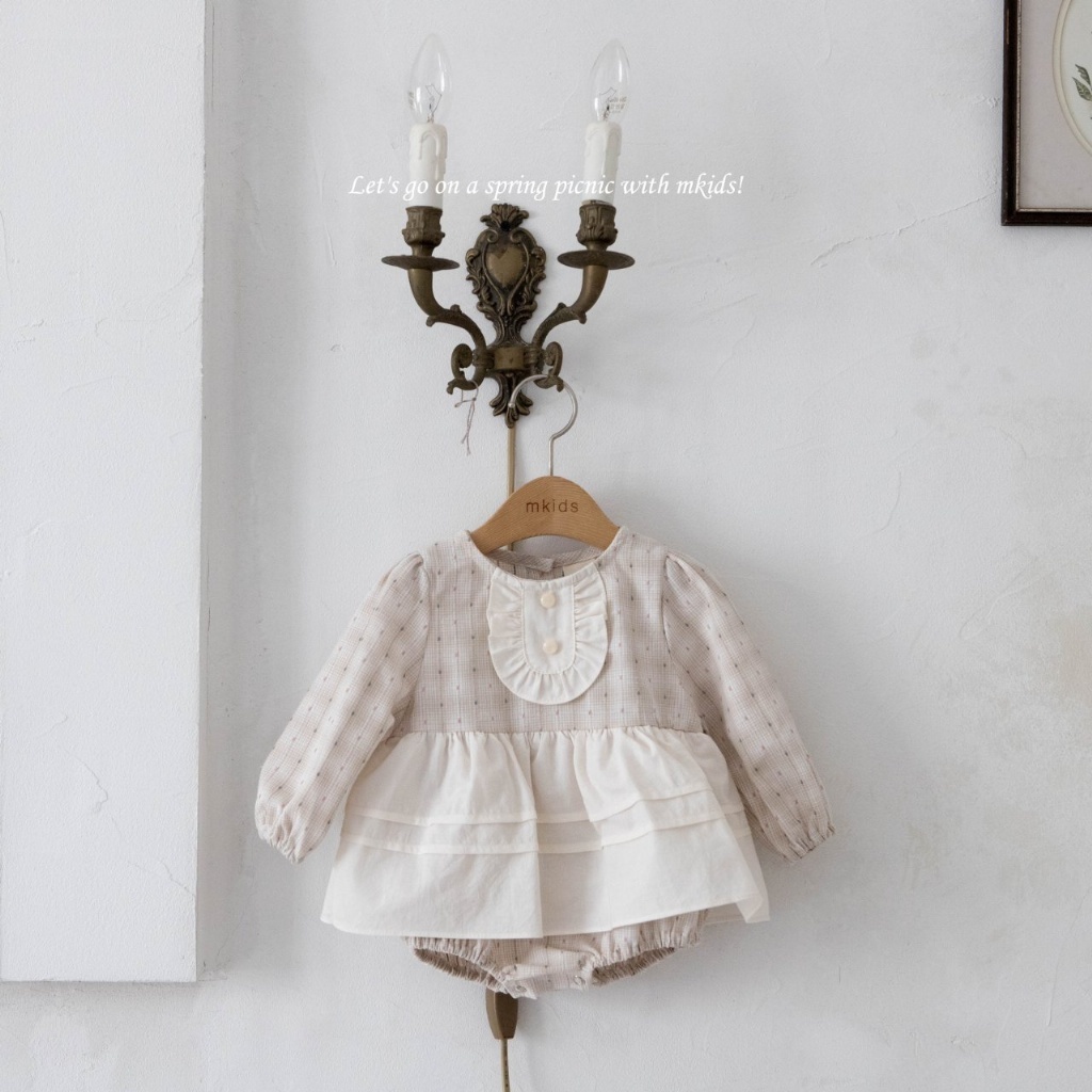 正韓春Mkids 嫩嬰兩色彩點方格包屁衣