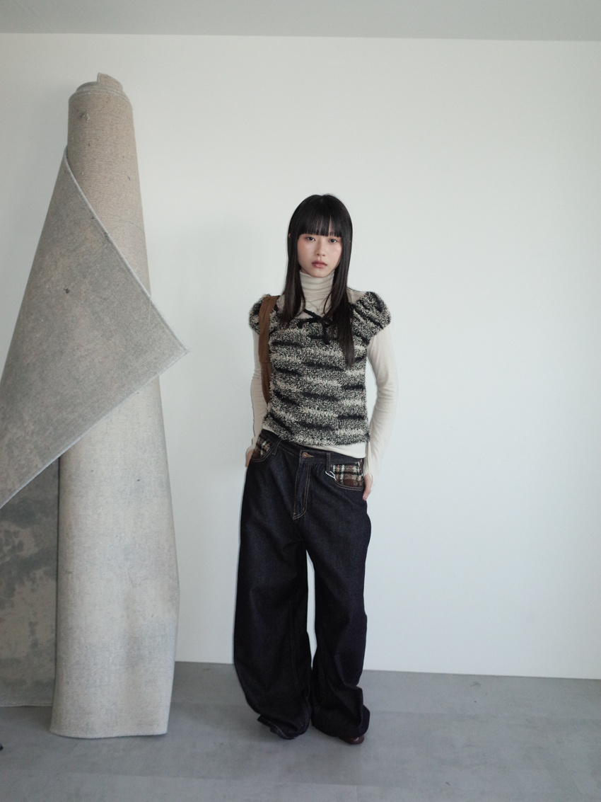 wide neck drawstring crisscross fuzzy knit top