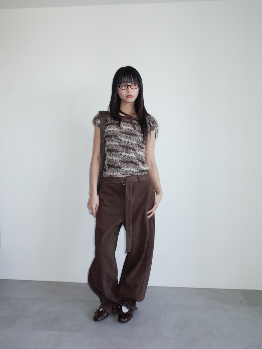 wide neck drawstring crisscross fuzzy knit top