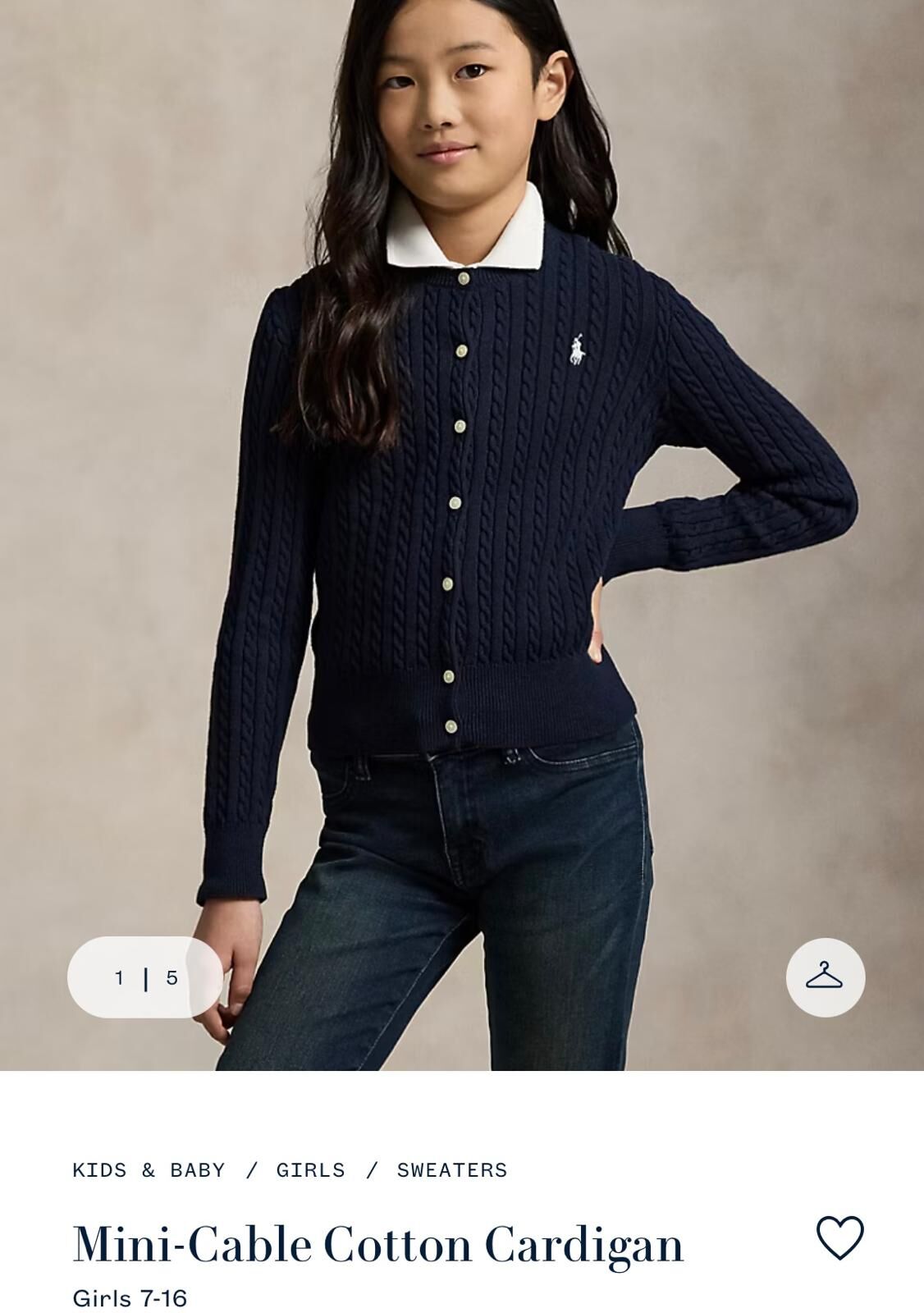 (現貨) 100%官方直送正貨 Polo Ralph Lauren Mini-cable Cotton Cardigan (Hunter Navy) Girl 7-16 (Size XL)