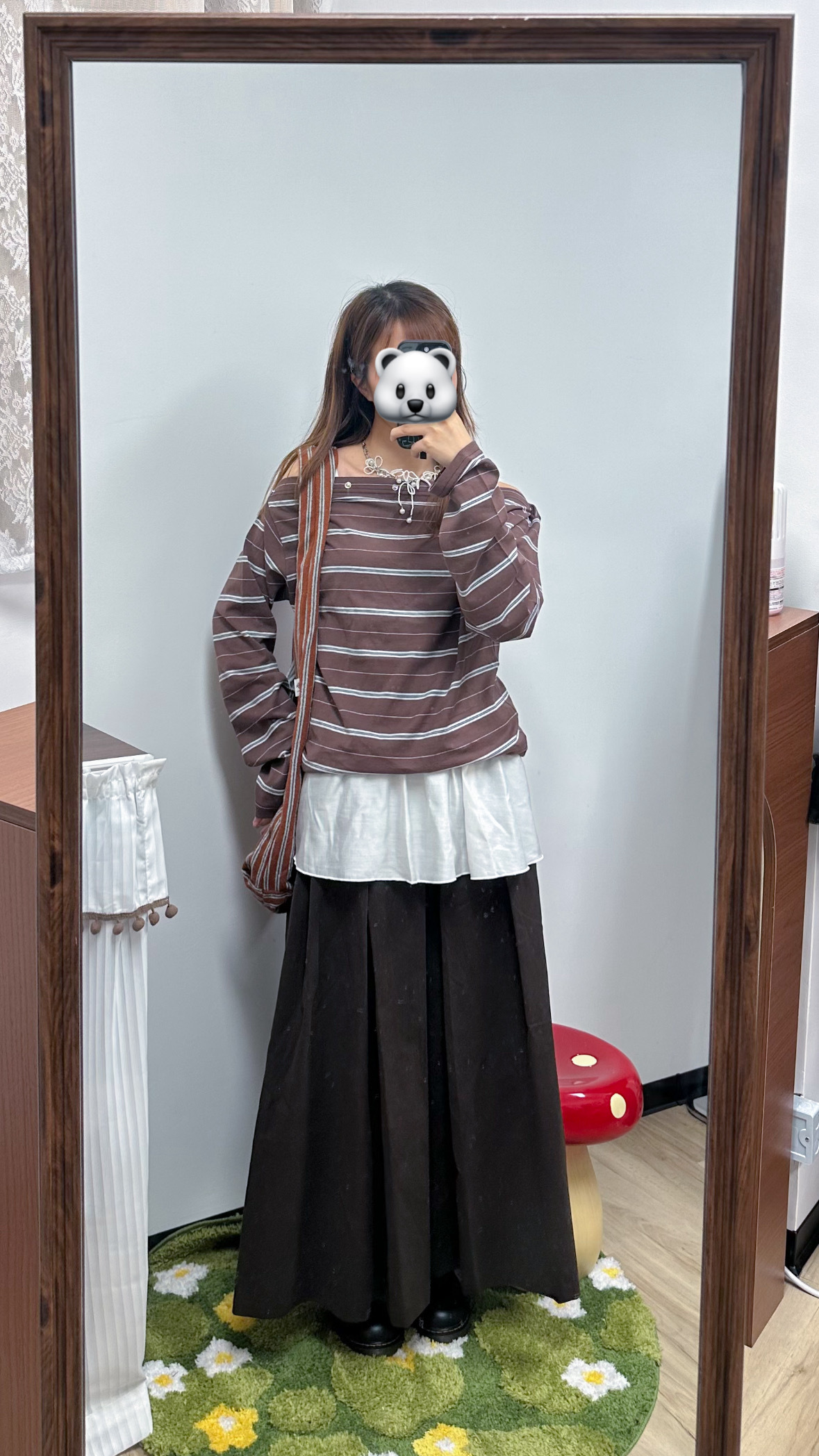 間條露肩TOP (啡/灰/藍)