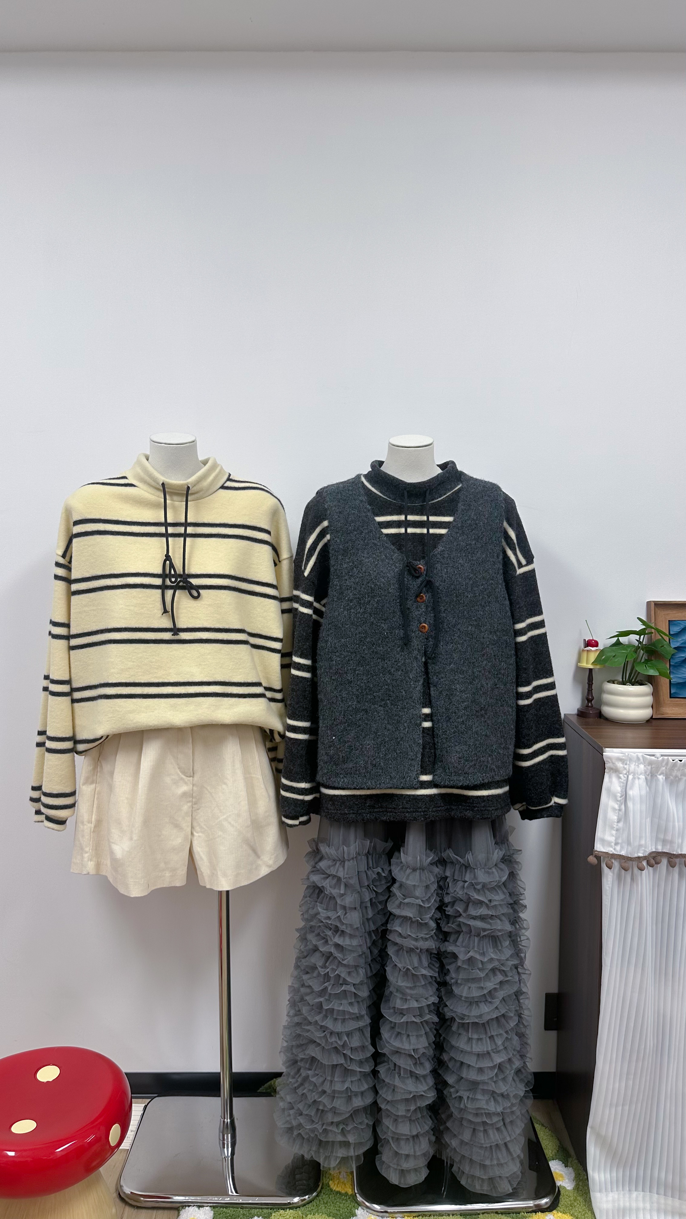 高領間條冷衫TOP(米/灰)