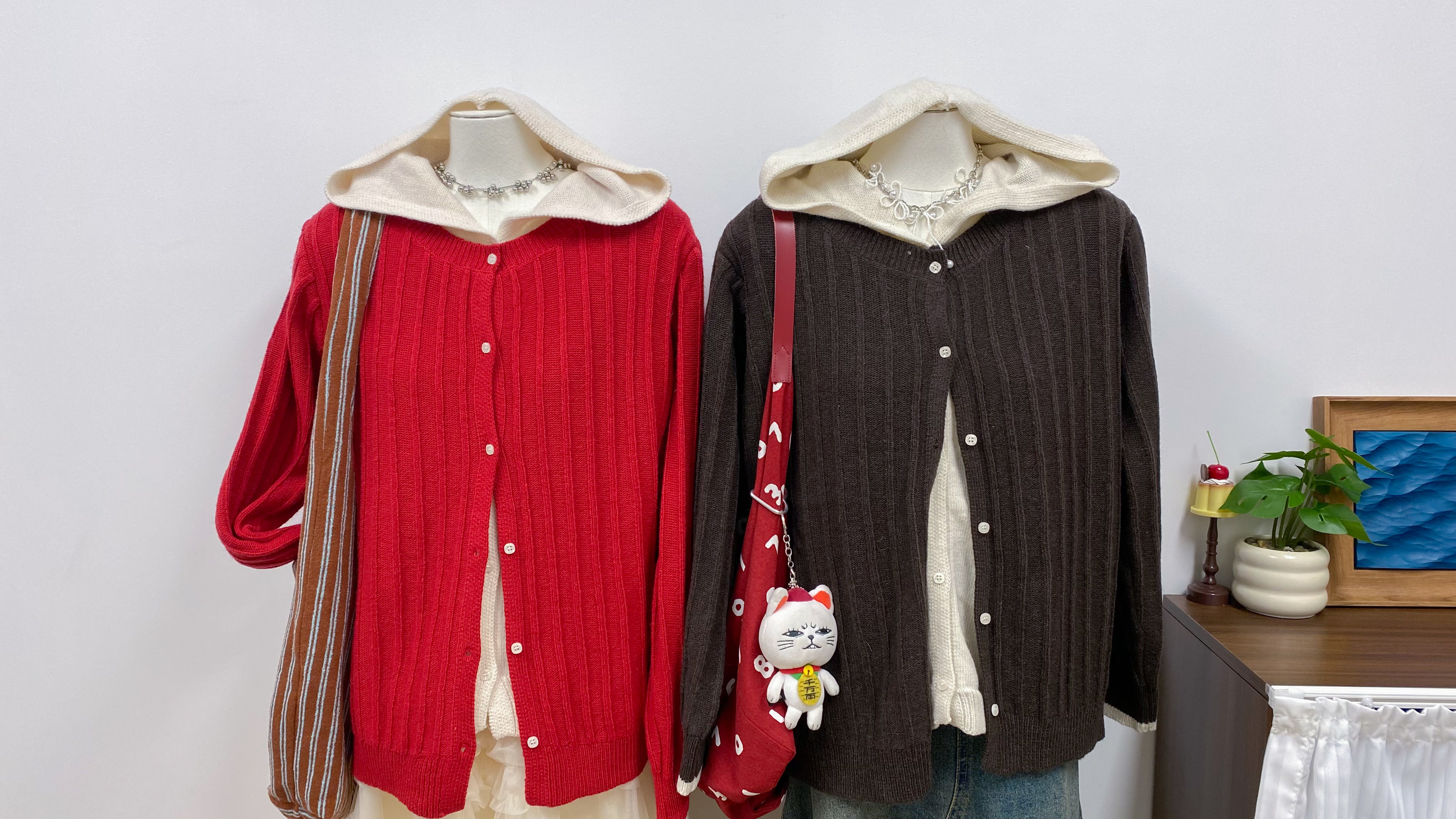 假兩件拼色外套連HOODIE(紅色/啡色)