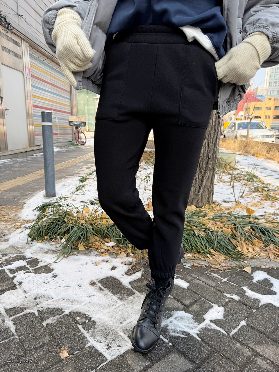 正韓方口袋鬆緊刷毛縮口褲