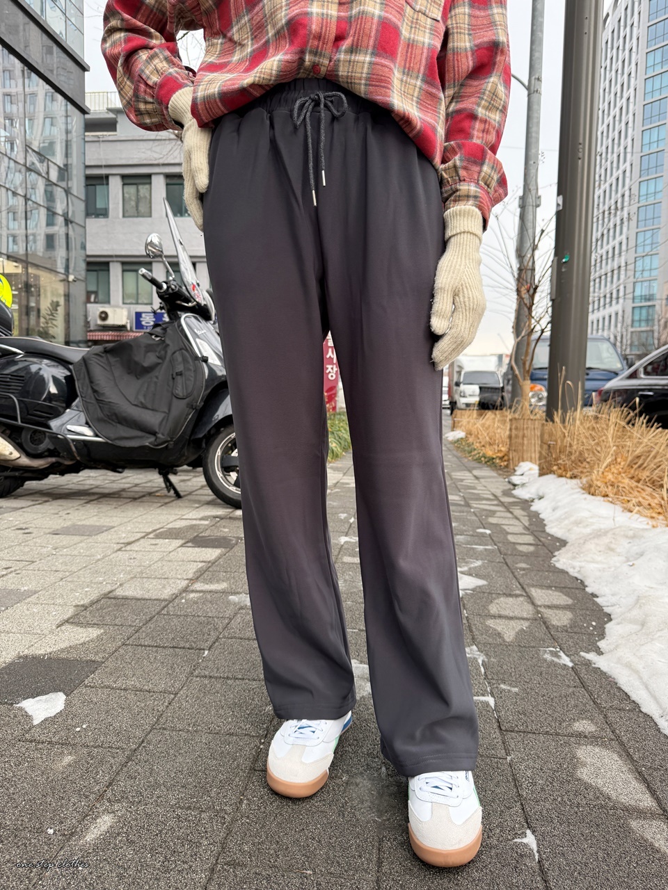 正韓簡約散步刷毛綁帶長褲 (灰)