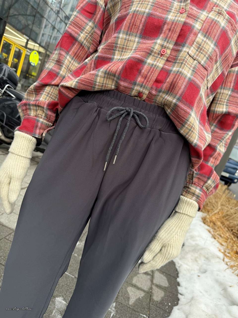 正韓簡約散步刷毛綁帶長褲 (灰)