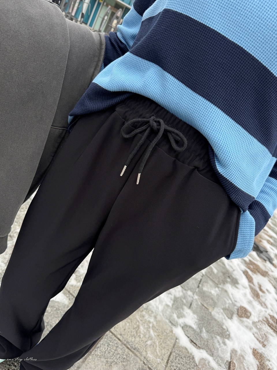 正韓簡約散步刷毛綁帶長褲 (黑)