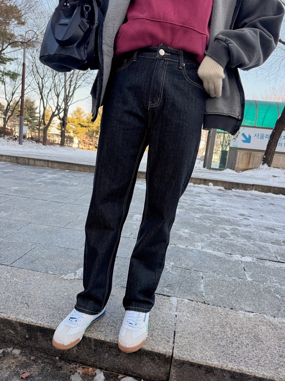 正韓藍黑車線慵懶直筒褲