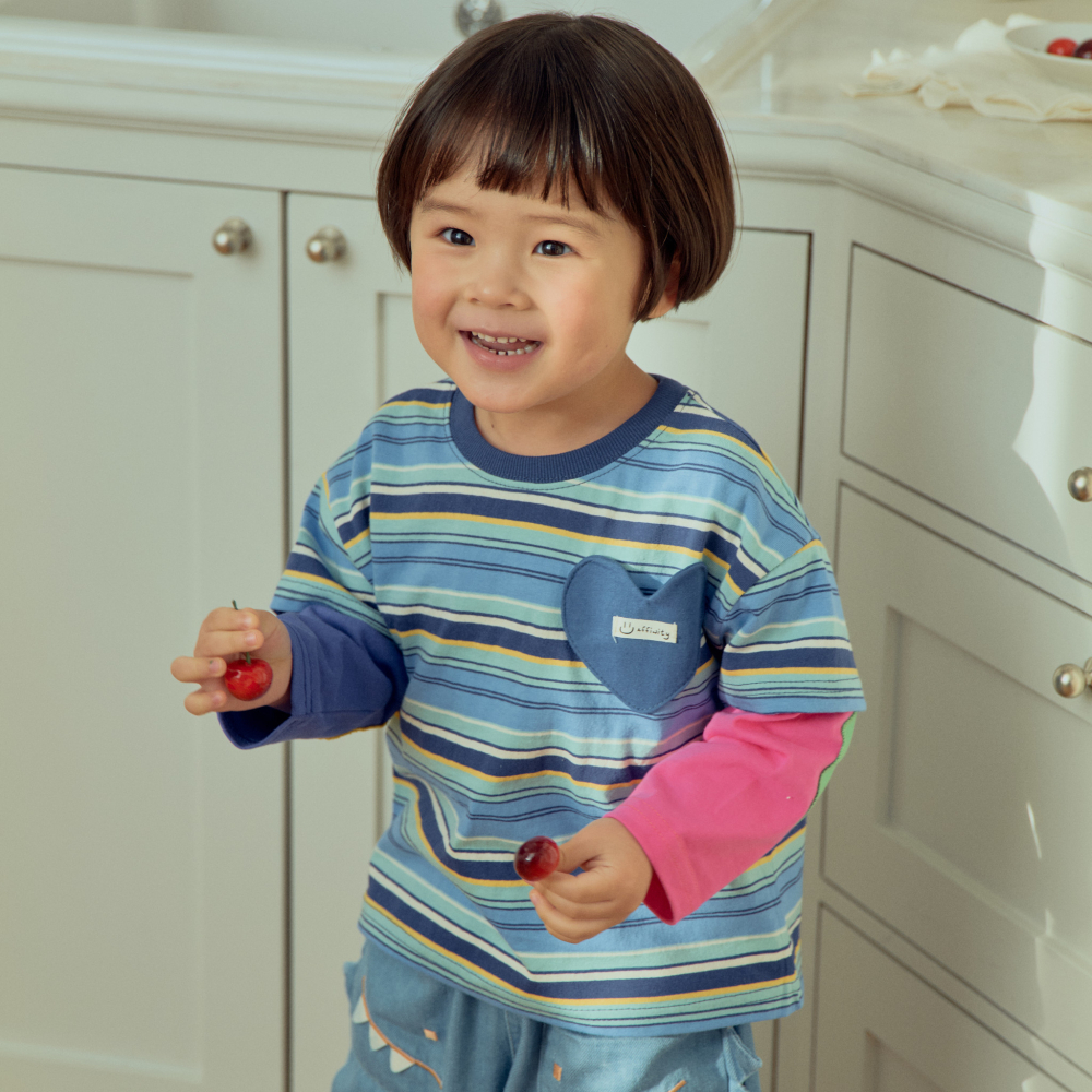 90-140 心型口袋條紋短袖上衣 2色