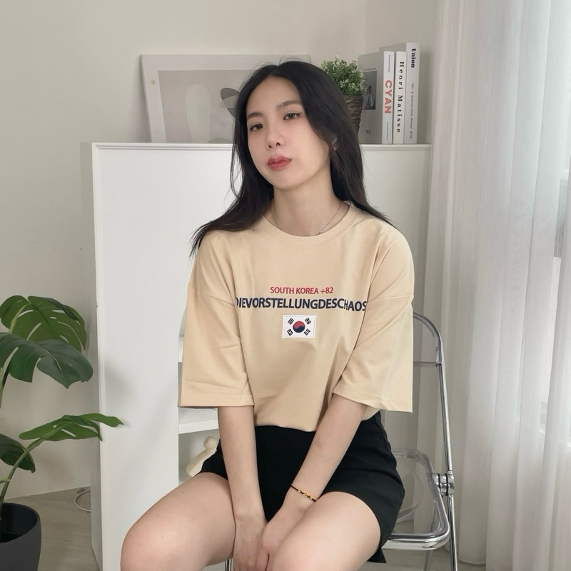 韓國國旗短Tee 短袖上衣 短T 短袖 刺繡短T 情侶衣 落肩 80028