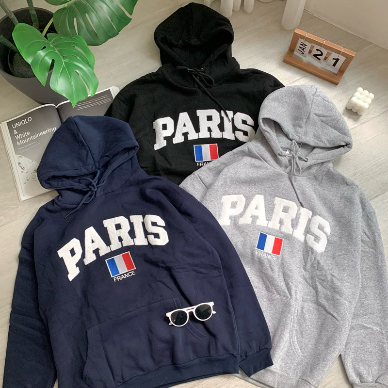 PARIS 羊羔毛logo帽T 刺繡國旗帽T 內刷毛 秋冬 大學T 情侶帽T 情侶裝 80677