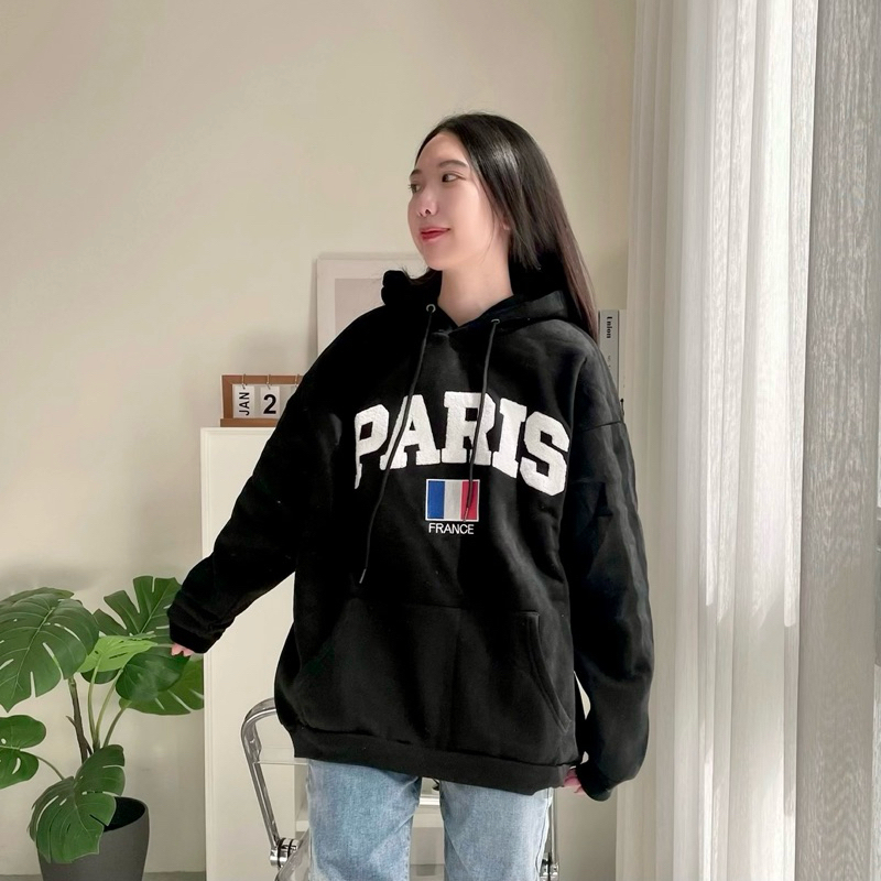 PARIS 羊羔毛logo帽T 刺繡國旗帽T 內刷毛 秋冬 大學T 情侶帽T 情侶裝 80677