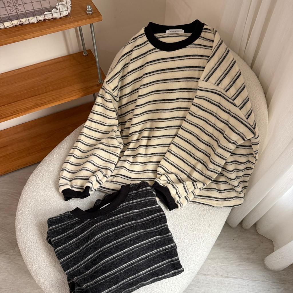 圓領針織條紋大學T 秋冬毛衣 針織上衣 大學T 條紋毛衣 條紋上衣 冬天 女生上衣 2887