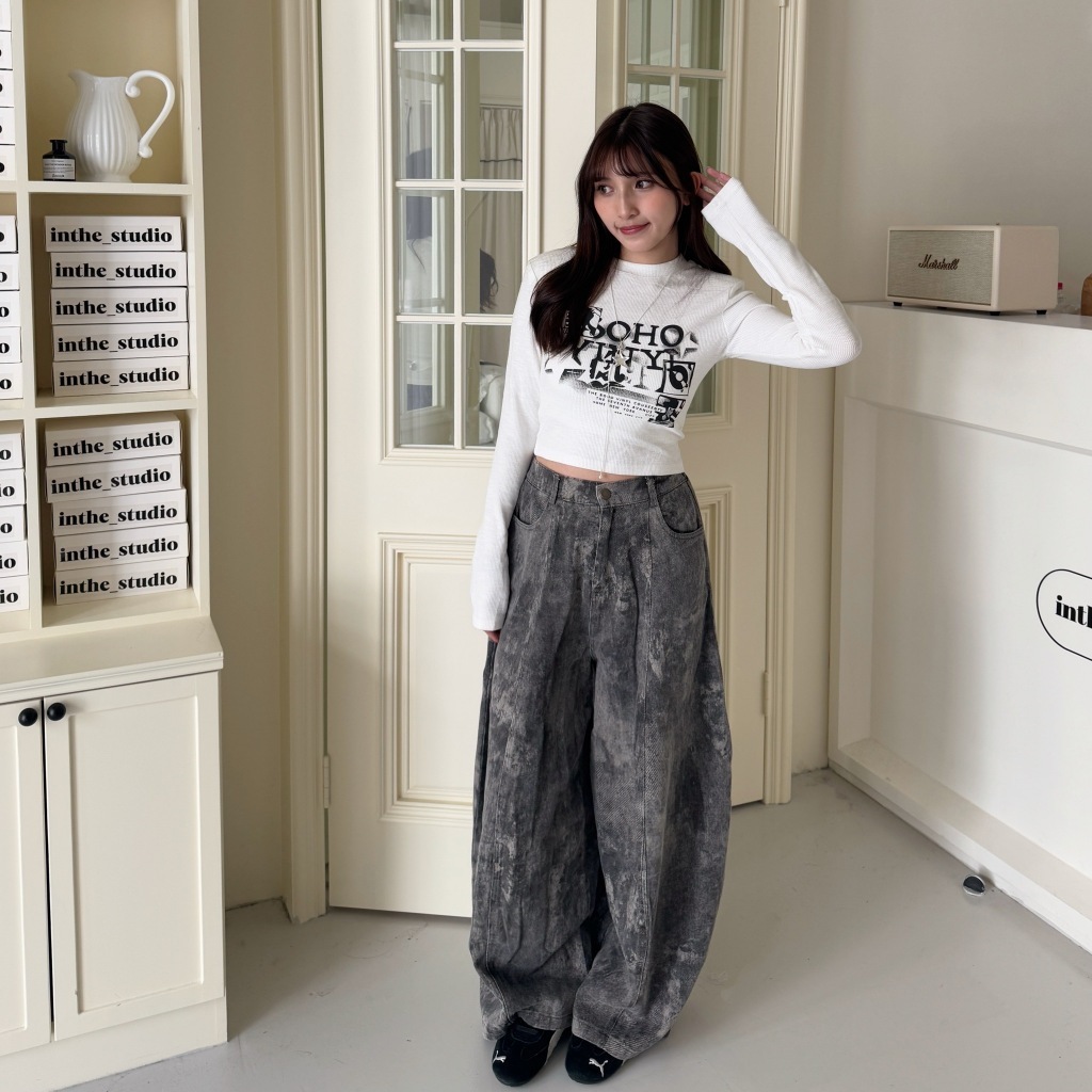 渲染彎刀褲 錐形褲 復古水洗牛仔褲 美式作舊 擴腿褲 牛仔寬褲 11548