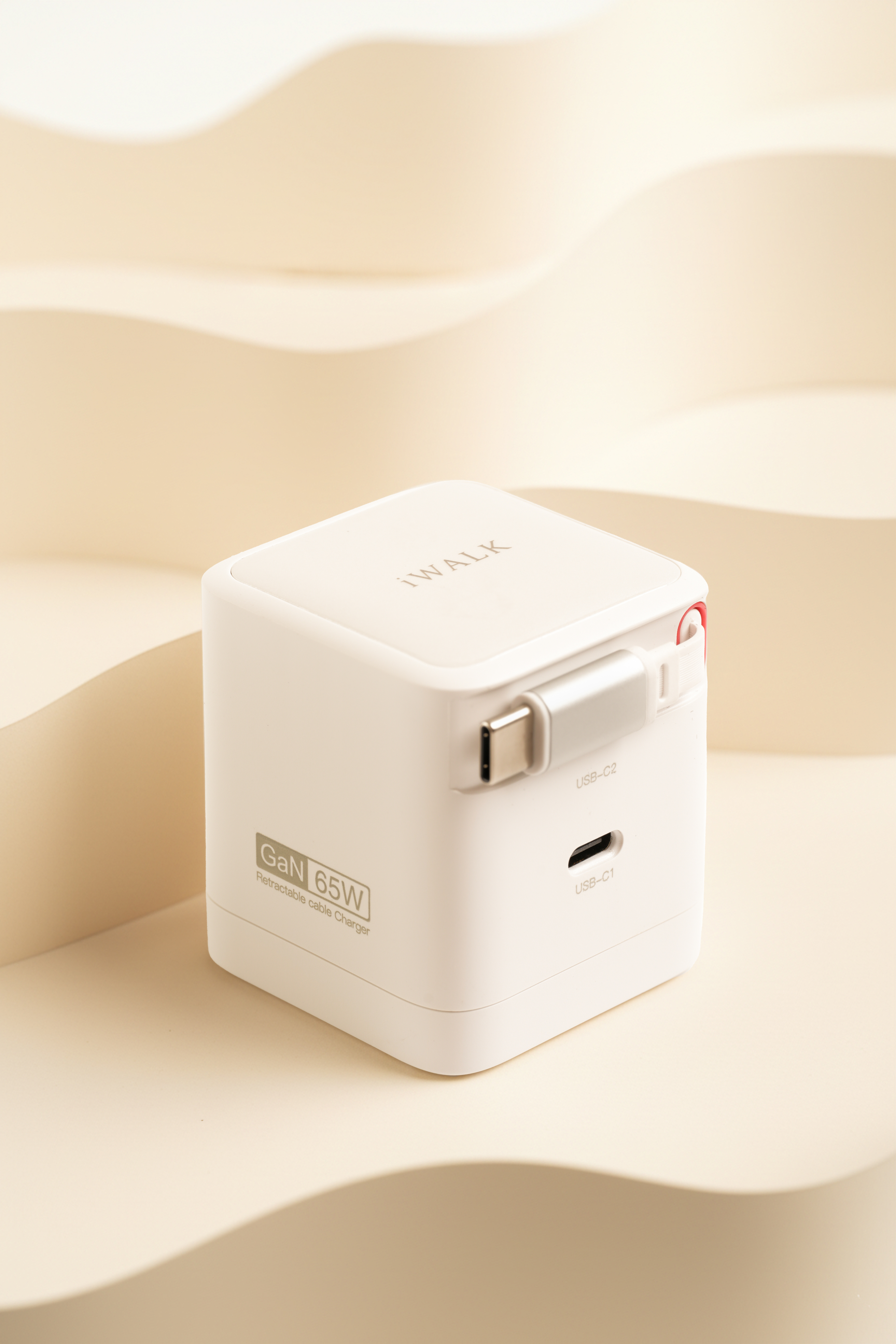 iWALK white GaN 65W charger with built-in cable and USB-C port