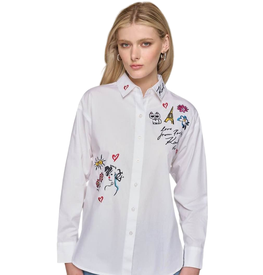 【Karl Lagerfeld Outlet】(微瑕疵, 清倉品) (女大) 刺繡小圖示襯衫 L4DA0618  白