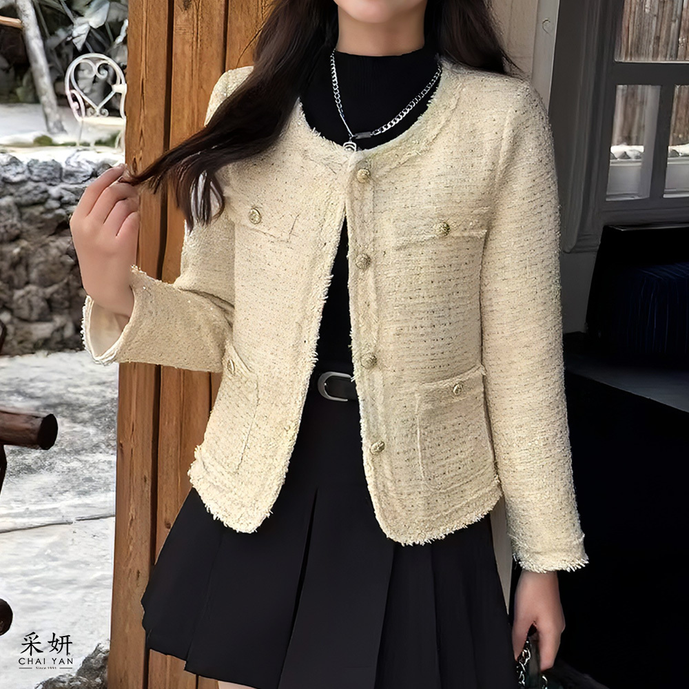 小香風亮釦薄鋪棉外套