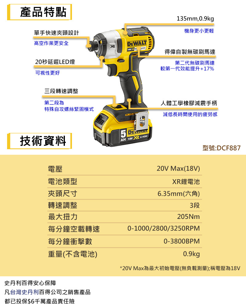 得偉 DEWALT 20V 台版 無刷 衝擊 起子機 DCF887N 空機 DCF887