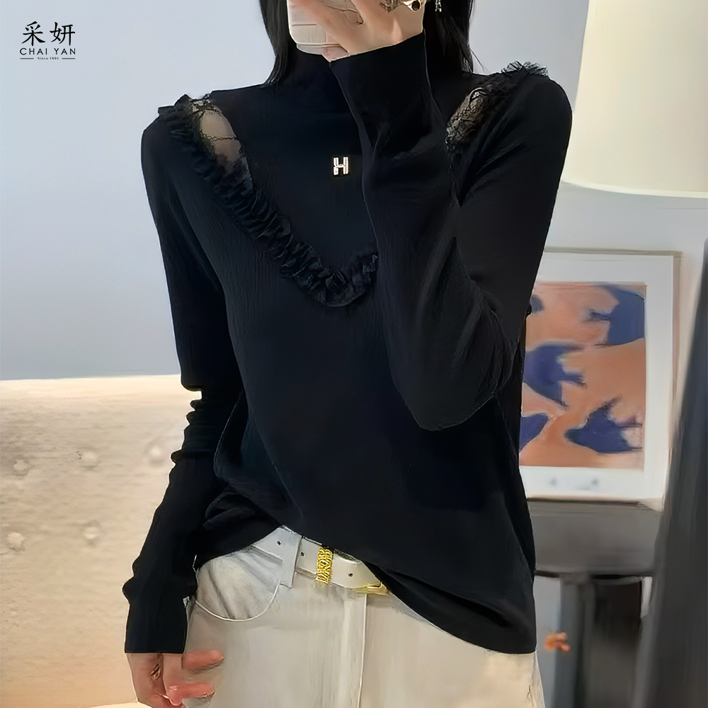 蕾絲裸肩荷葉胸襟長袖上衣